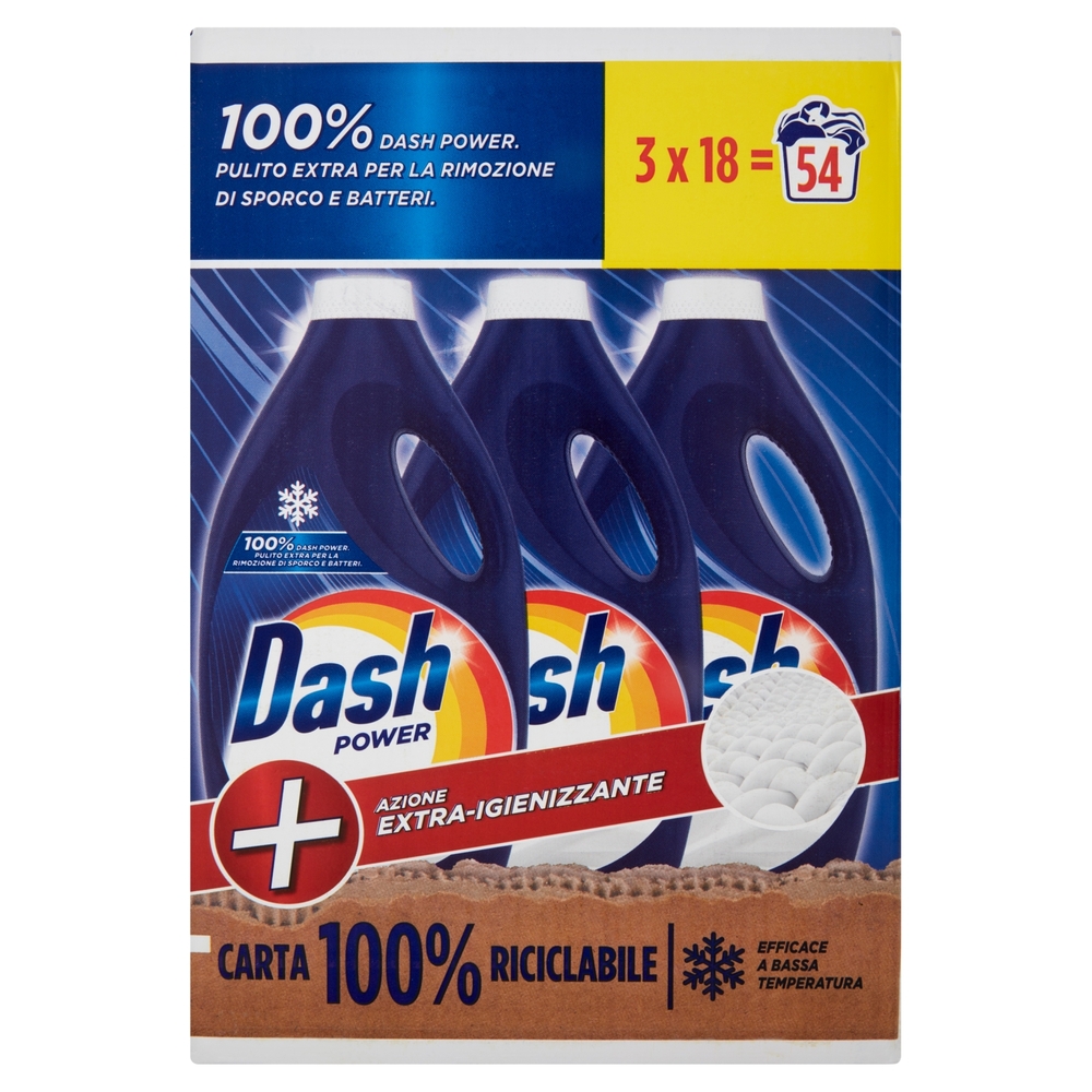 Dash Power Detersivo Lavatrice Liquido per Bucato +Azione Extra-Igienizzante 3x18=54 Lav. 3 x 990 ml